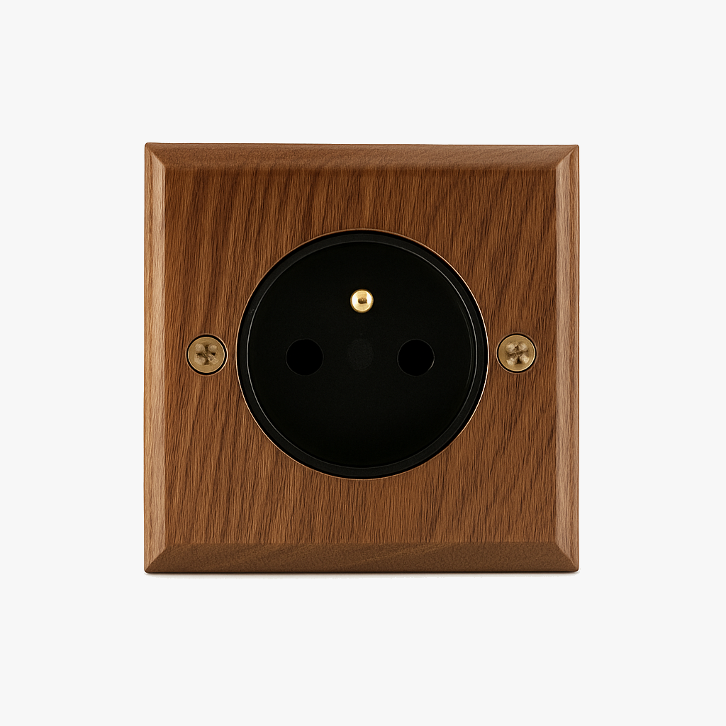 Electric Socket in Wood with Gold Screws, 16A Type E