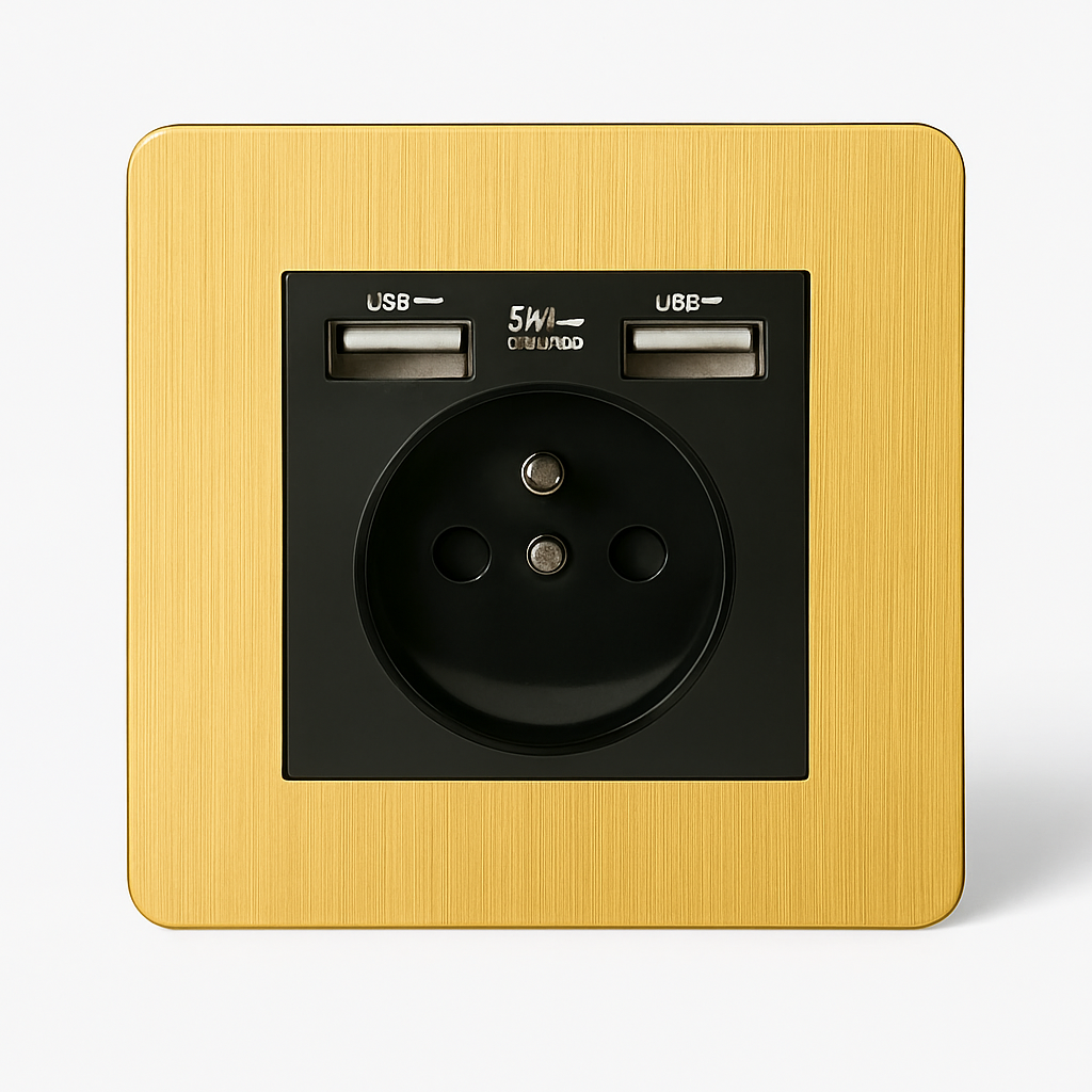 Electric and dual USB socket in brushed gold steel rounded edges - FR Plug 2USB