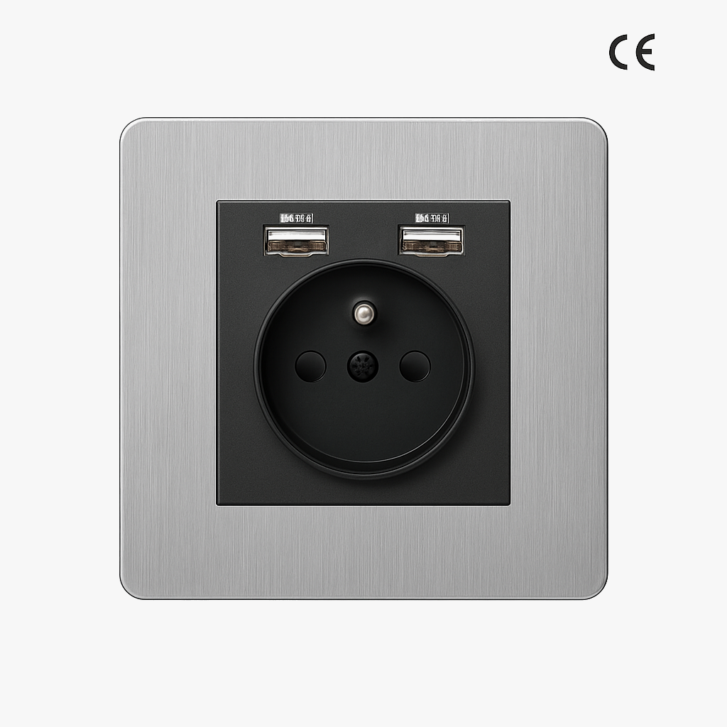 Brushed Light Gray Steel French Outlet with Dual USB, Design 1