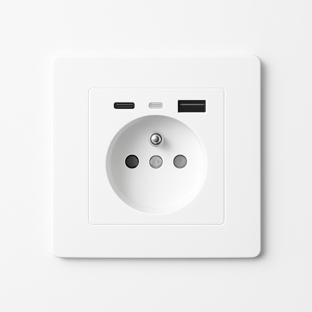 USB and USB-C FR Wall Socket in Matt White Steel, Rounded Edges
