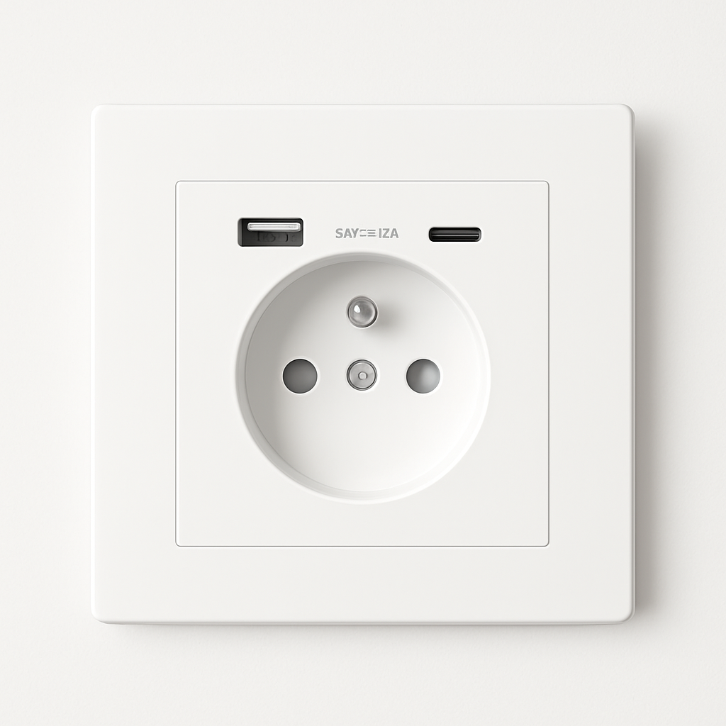 Type E Electric Socket with USB and USB-C in Matt White Steel