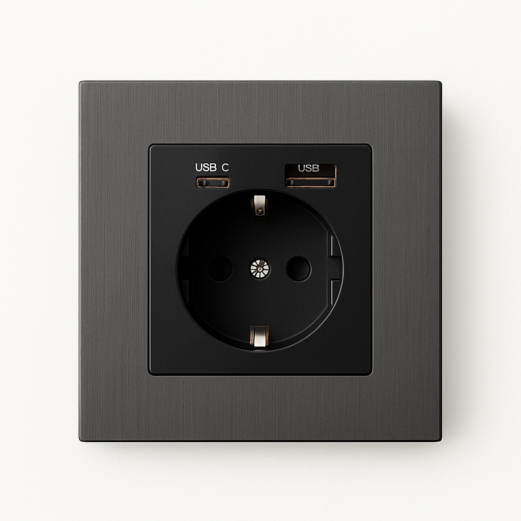 Dual USB and USB-C Electric Socket in Brushed Grey Steel, EU Plug
