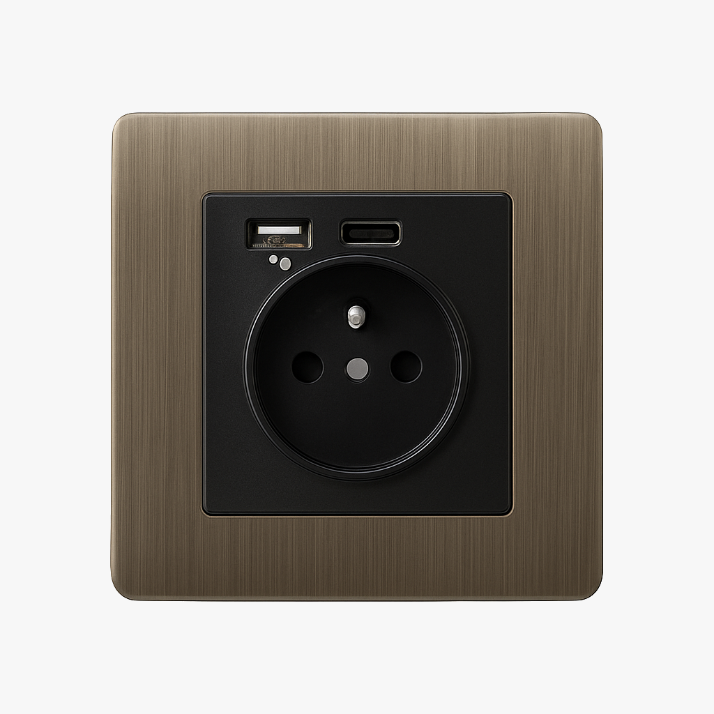 Electric and USB type C dual and USB type plug in brushed grey steel rounded edges