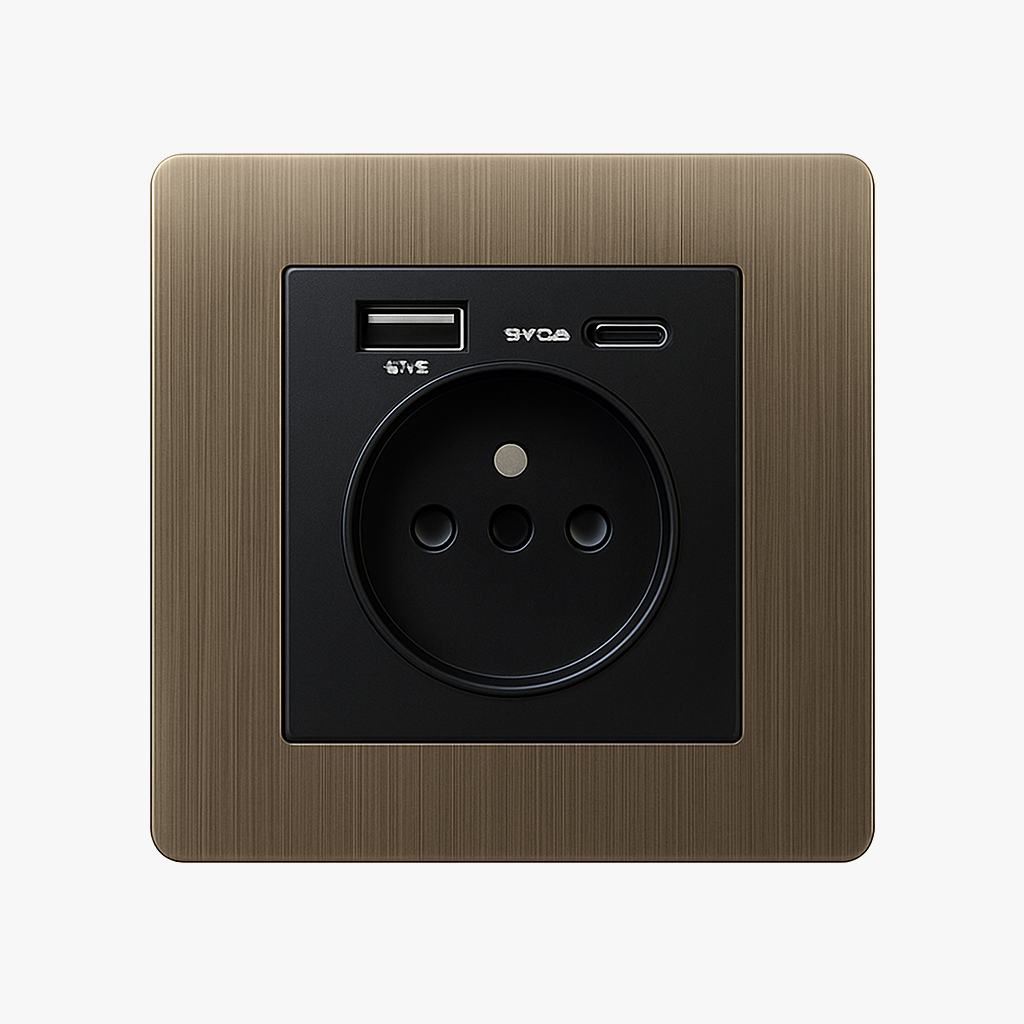 Electric and dual USB and USB type C in brushed gray steel rounded edges