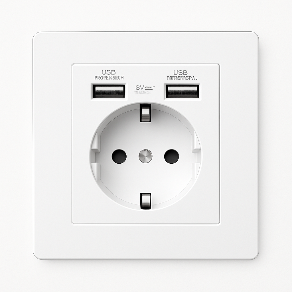 Electric and dual USB socket (Europe) in matt white steel and rounded edges