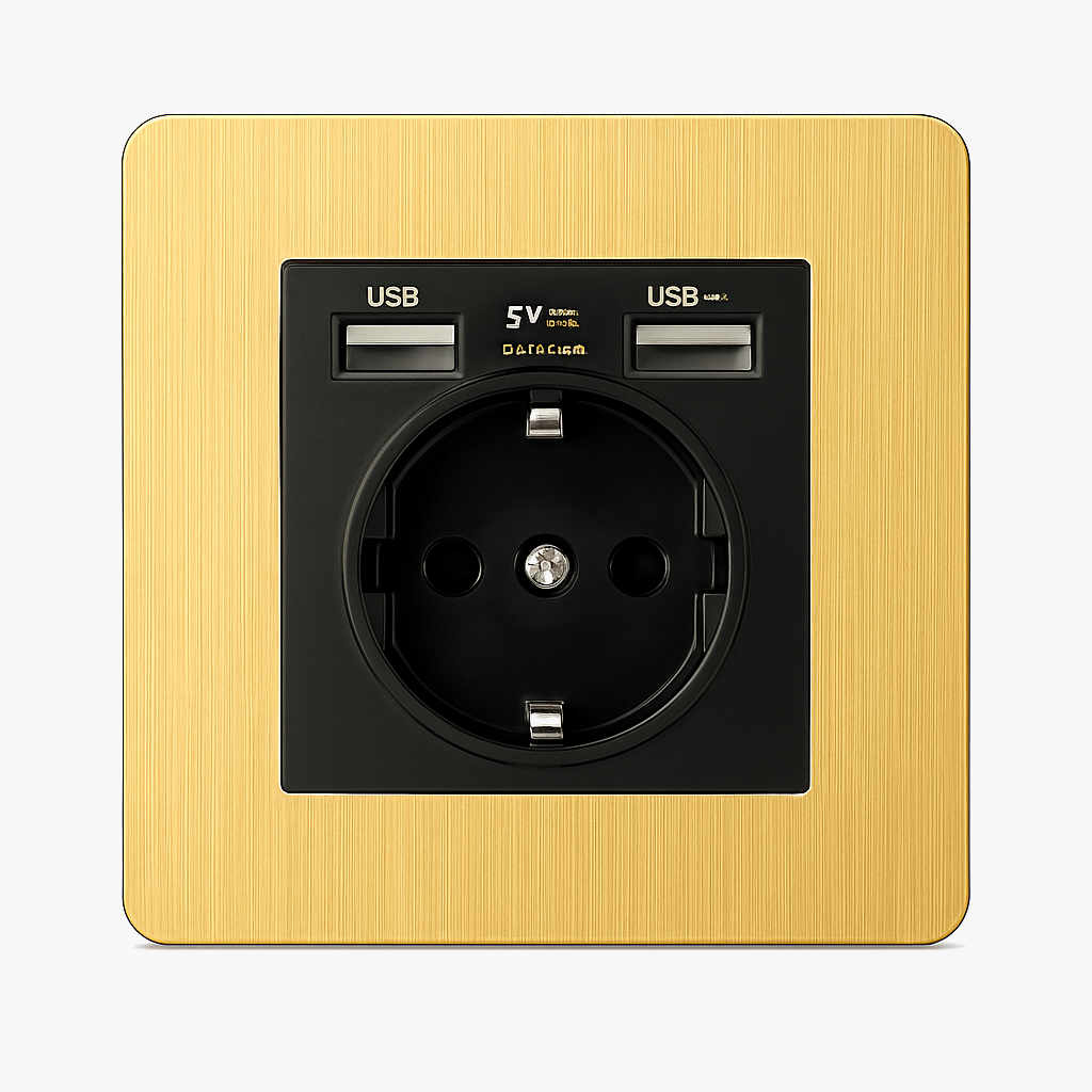 Electric and double USB socket (Europe) in brushed gold steel rounded edges