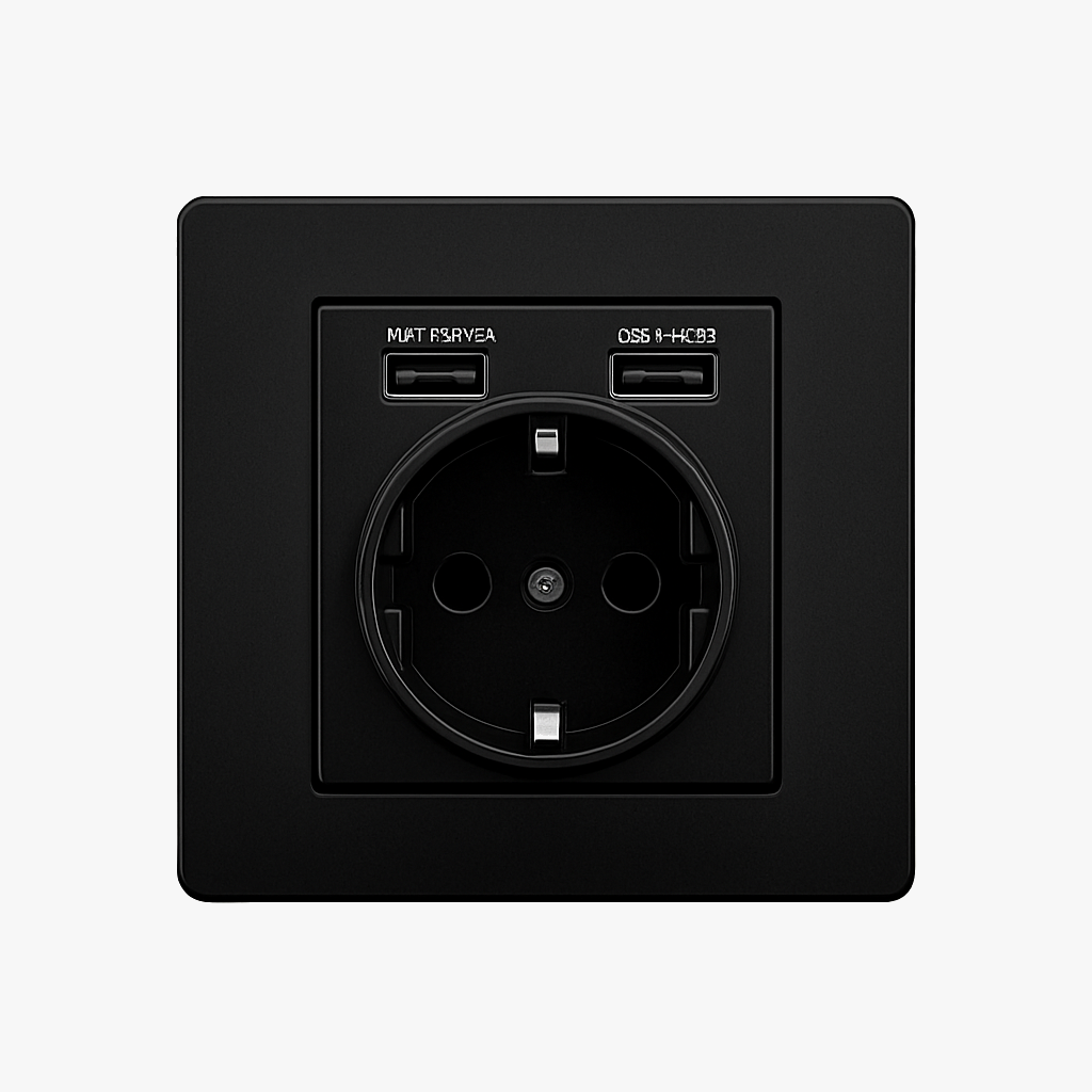 Black Matt Steel Double USB Socket (Europe), Style One
