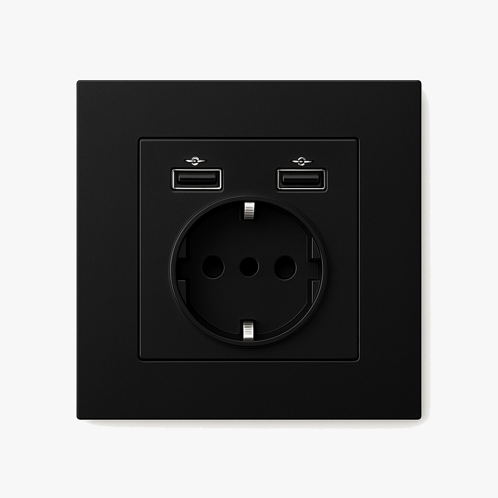 Matt Black Steel Dual USB-C Euro Socket, Rectangular Design