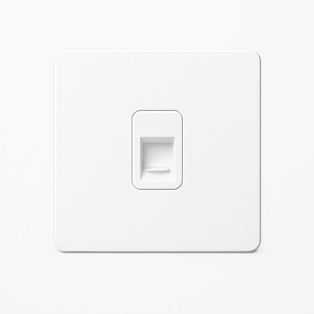 RJ45 socket in matt white steel and rounded edges