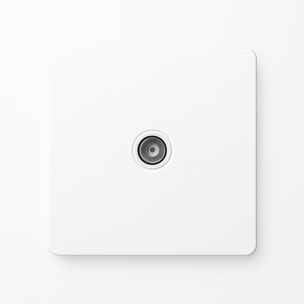 Matt white steel TV socket and rounded edges