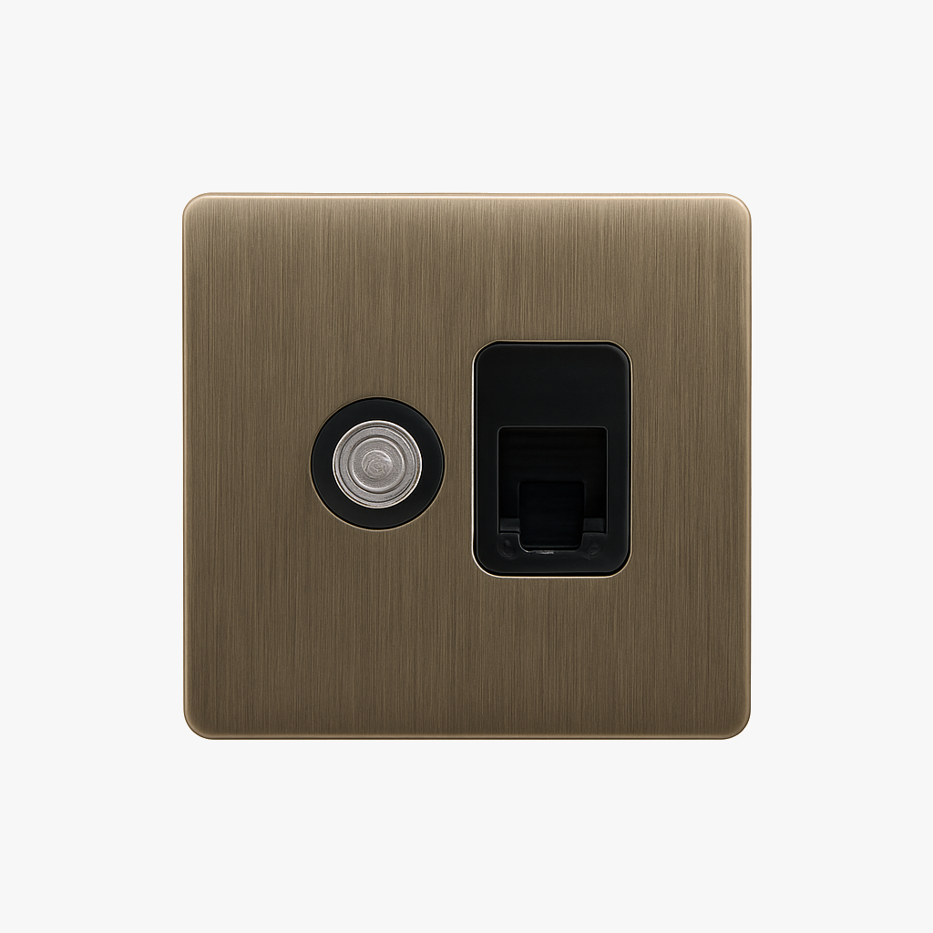 TV and RJ45 Socket in Brushed Grey Steel, Rounded Edges