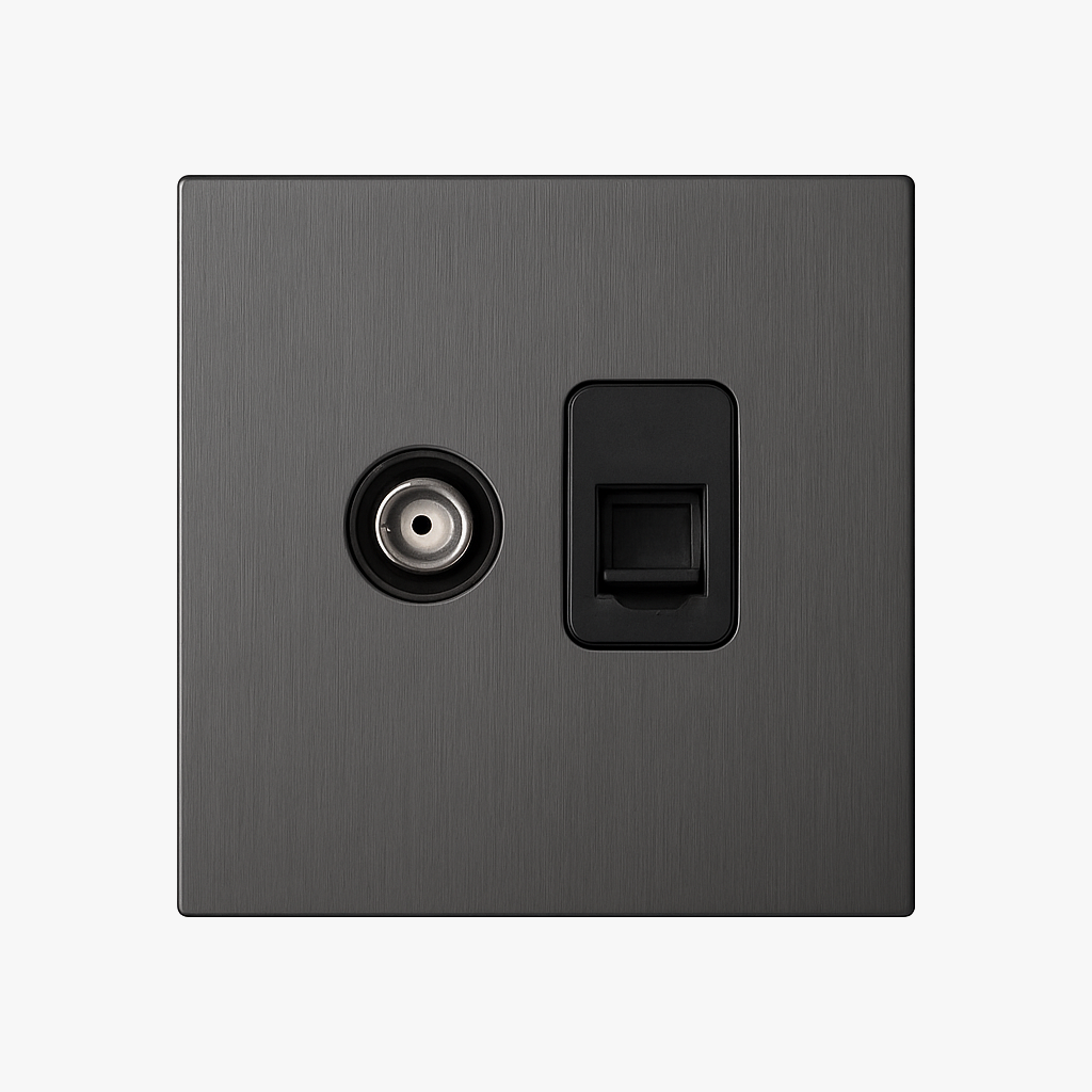 TV and RJ45 socket in brushed dark grey steel