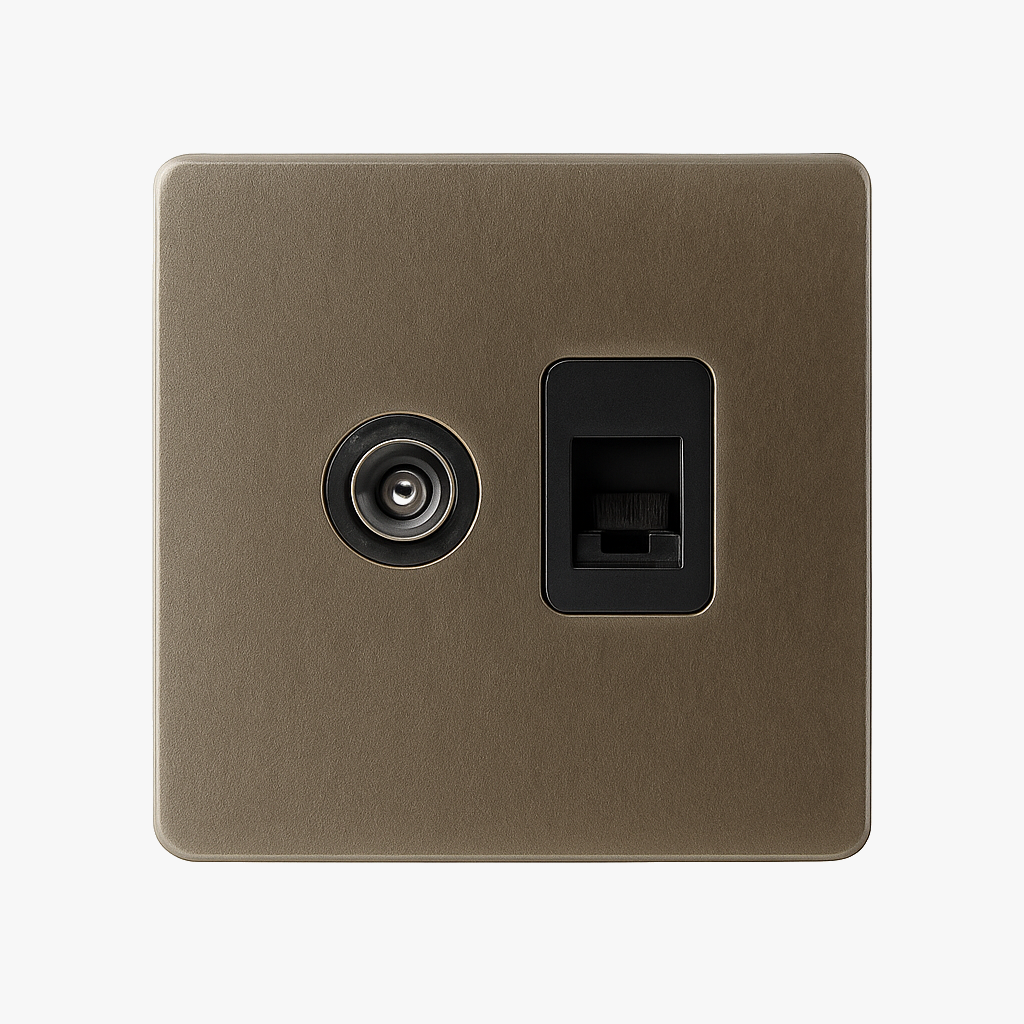TV and RJ45 socket in aged grey steel rounded edges