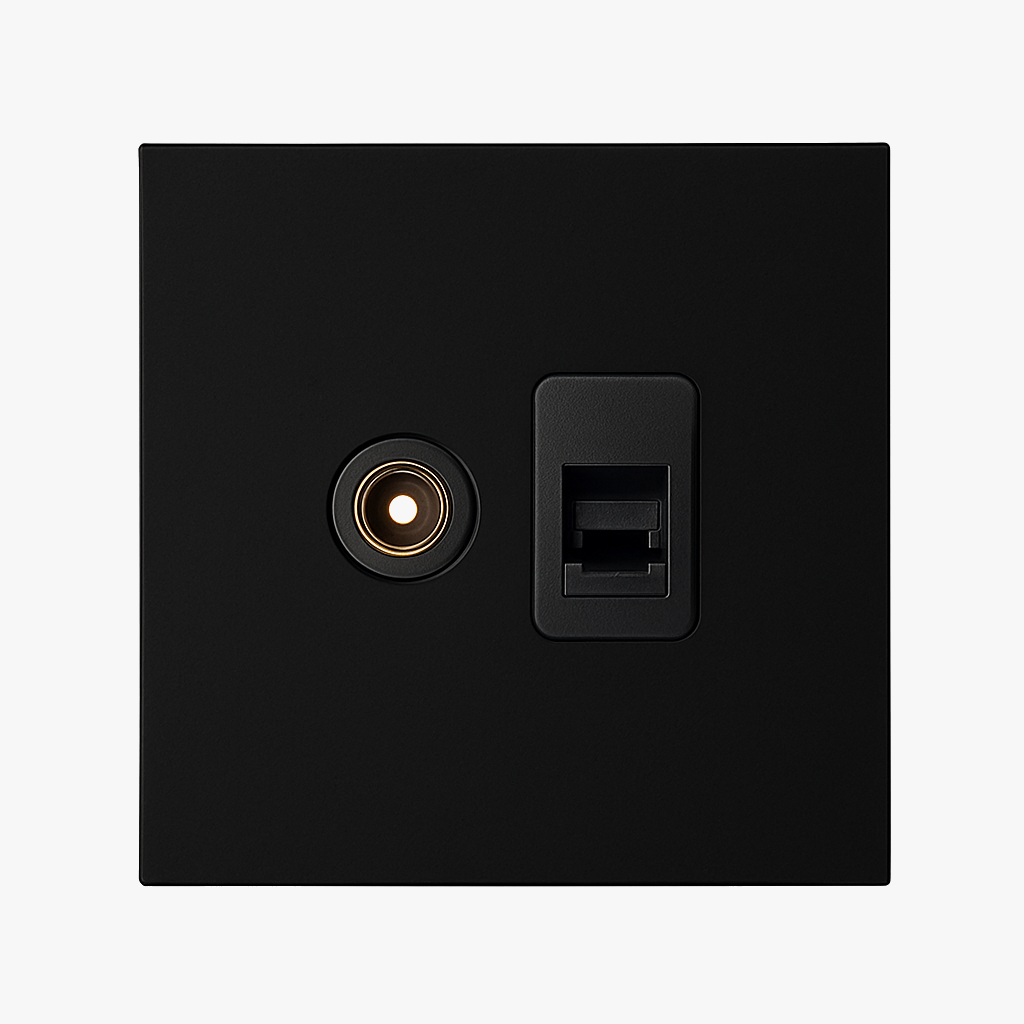TV and RJ45 socket in matt black steel