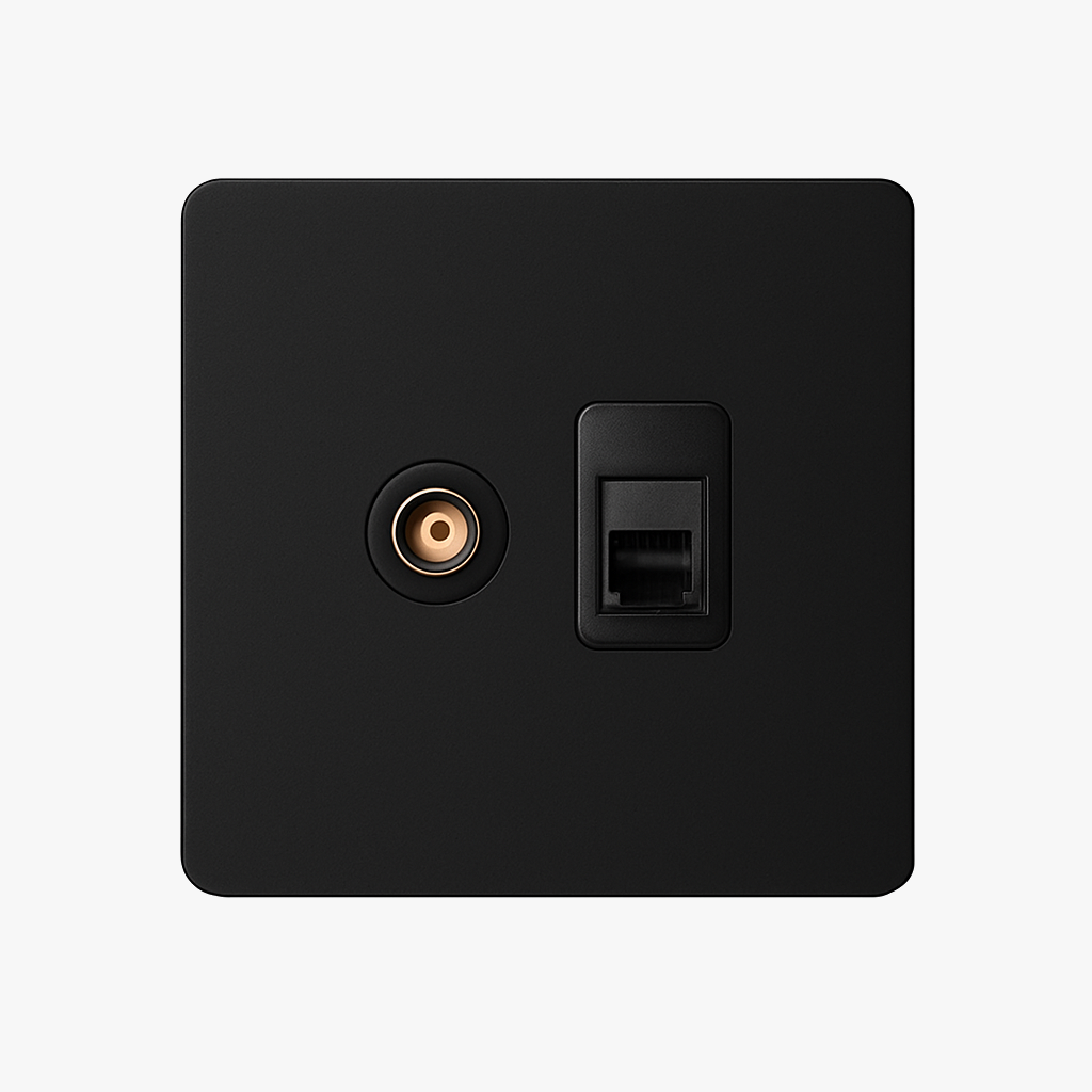 Modern TV and RJ45 Socket in Matt Black Steel