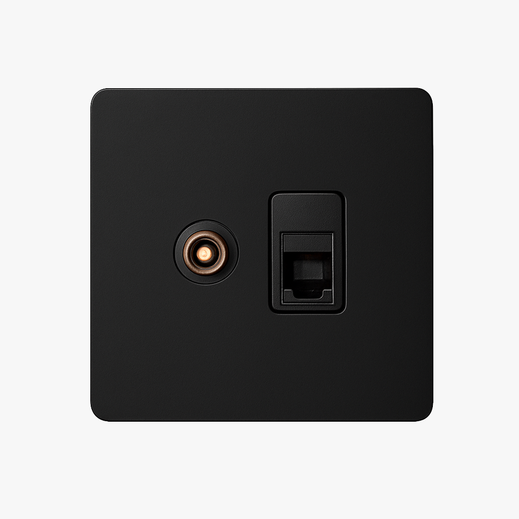TV and RJ45 Socket in Matt Black Steel with Square with Rounded Edges