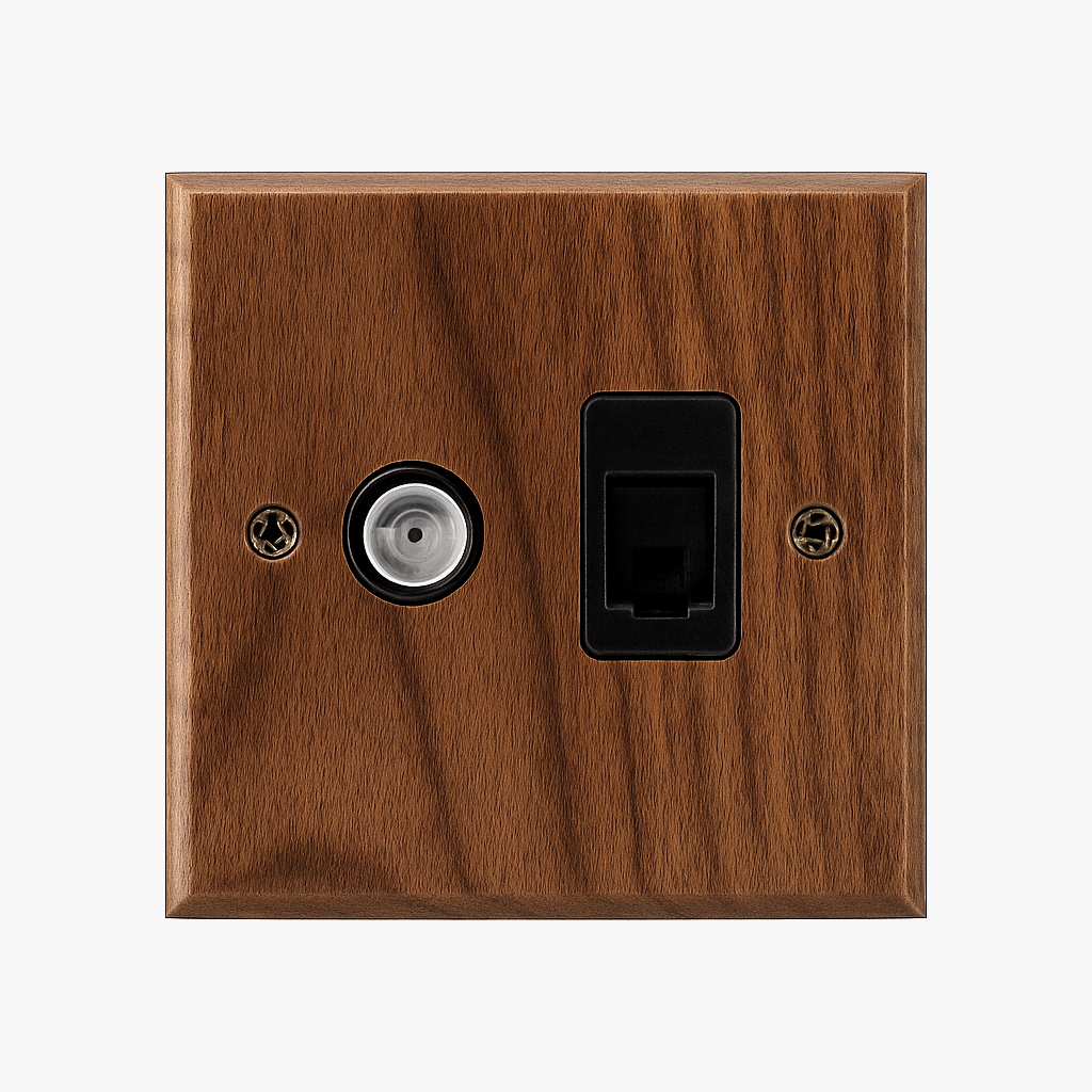 TV and RJ45 Ethernet Socket in Wood 8.6 X 8.6 cm