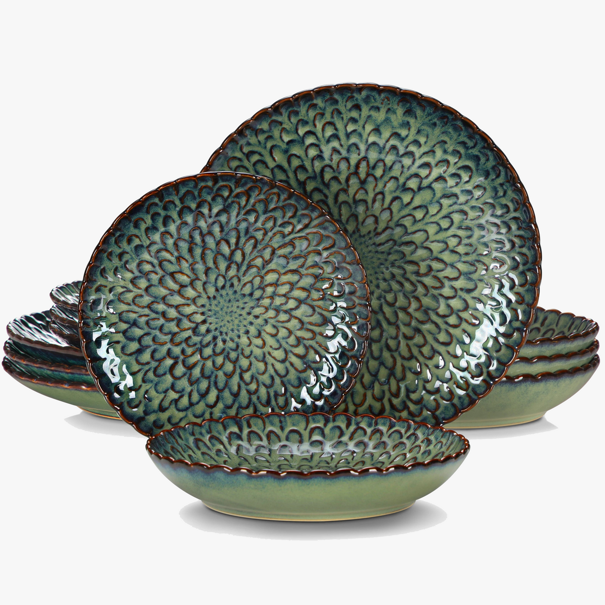 Service table ceramic green texture style 12 pieces