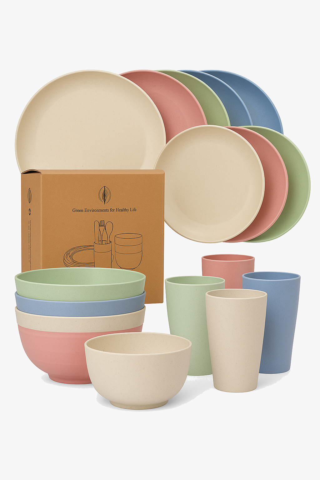 Service table straw wheat plates bowls cups camping