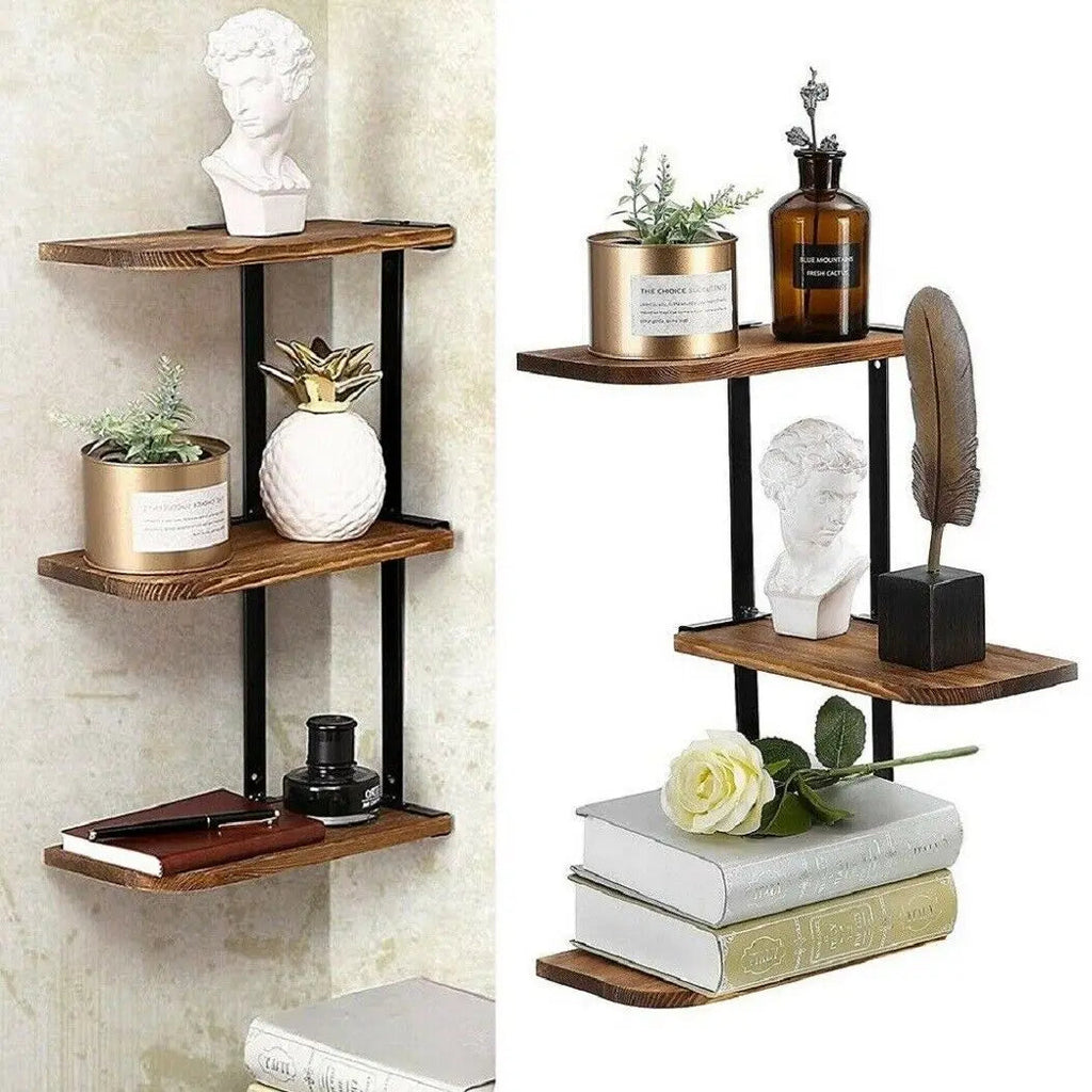 Three-level rustic wooden corner wall shelf