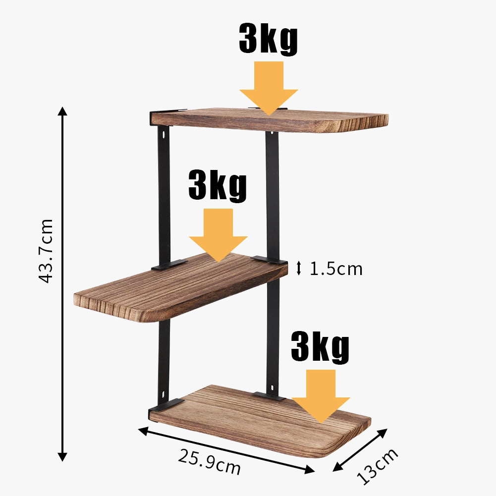 Three-level rustic wooden corner wall shelf - view 4
