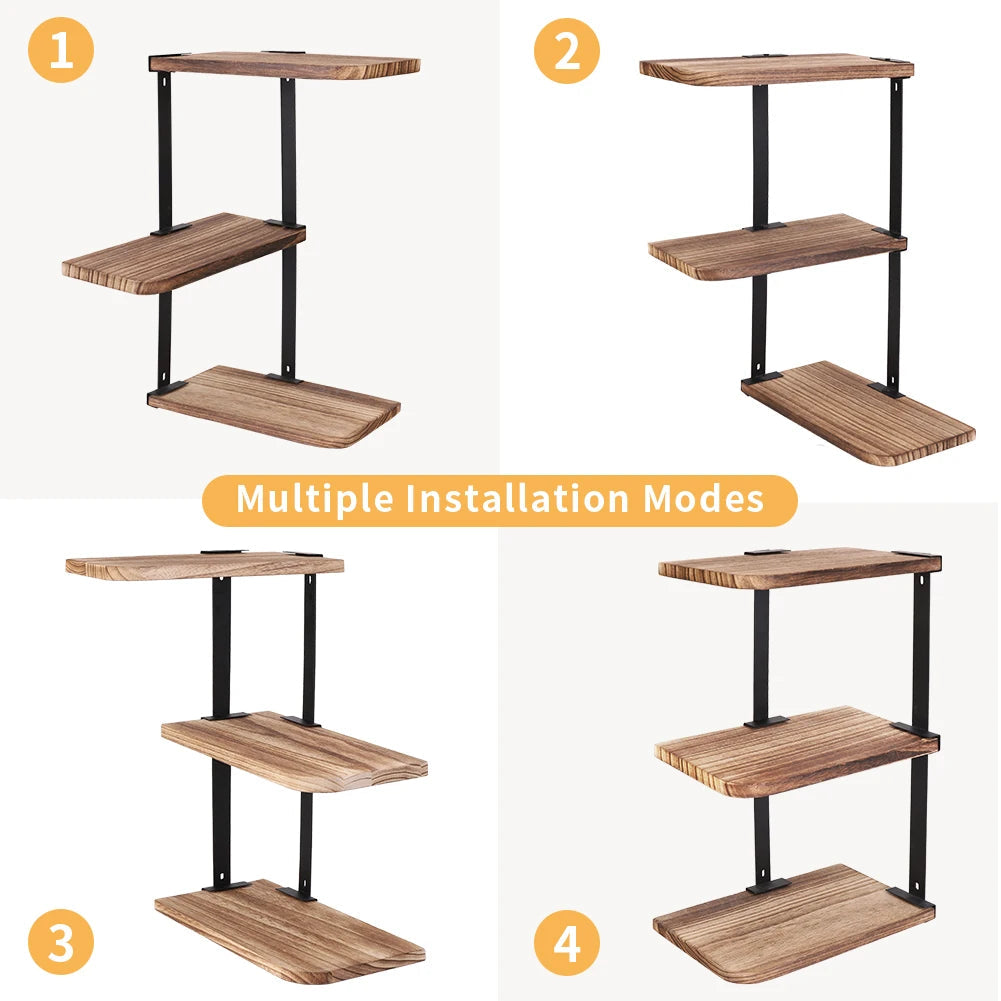 Three-level rustic wooden corner wall shelf - view 5