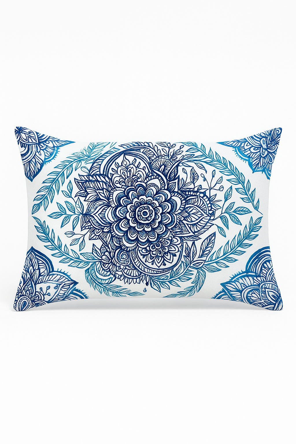 Rectangular pillowcase with flower pattern and blue leaves