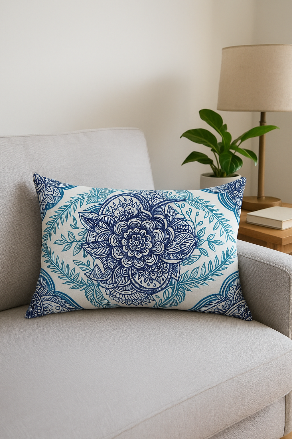 Rectangular pillowcase with flower pattern and blue leaves - view 2