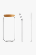 Can-Shaped Glass Cup with Bamboo Lid and Straw