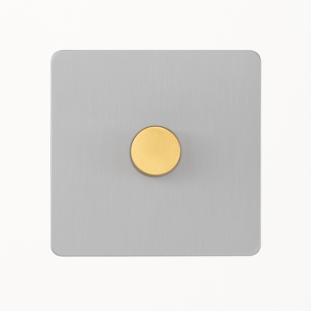 Variator in brushed light grey steel and gold rounded edges