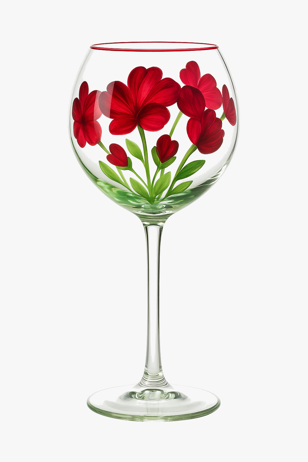Set of 3 Tall Wine Glasses with Painted Floral Motifs