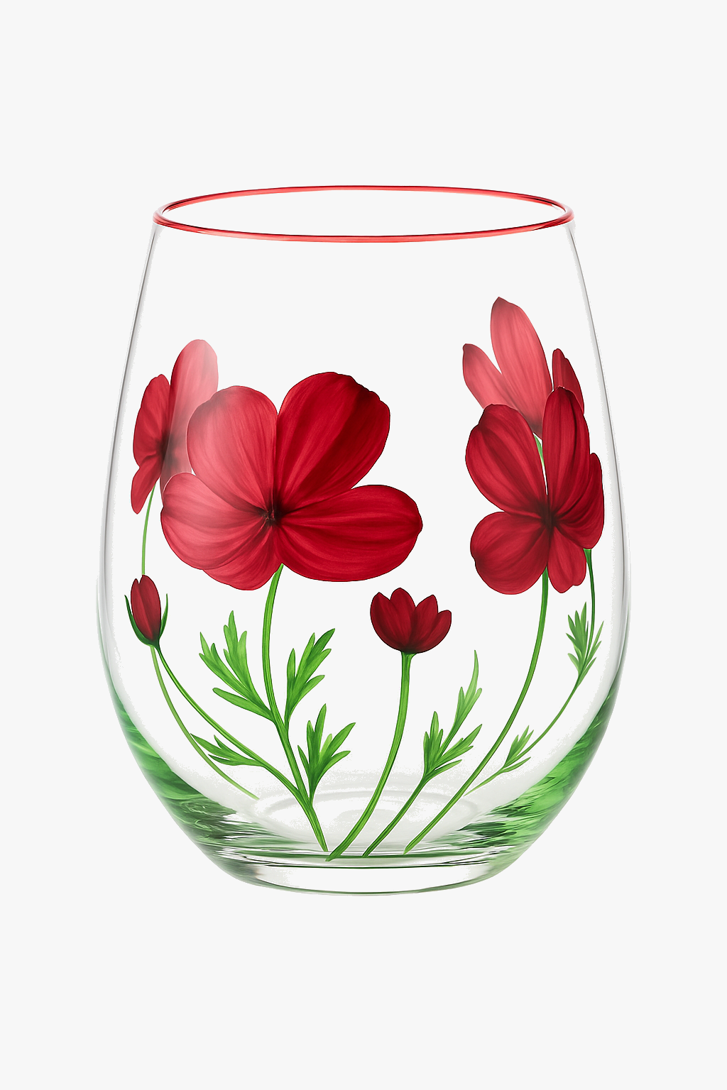 Set of 3 Tall Wine Glasses with Hand-Drawn Floral Pattern