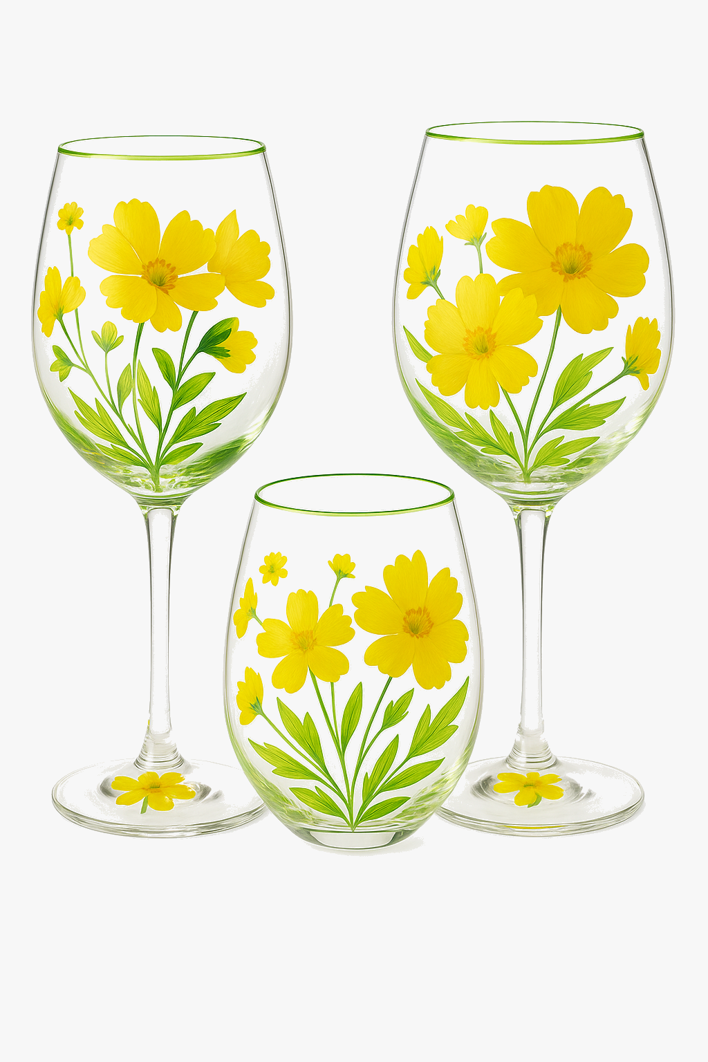 Set of Three Tall Floral Wine Glasses, Hand-Drawn Pattern, Style Two