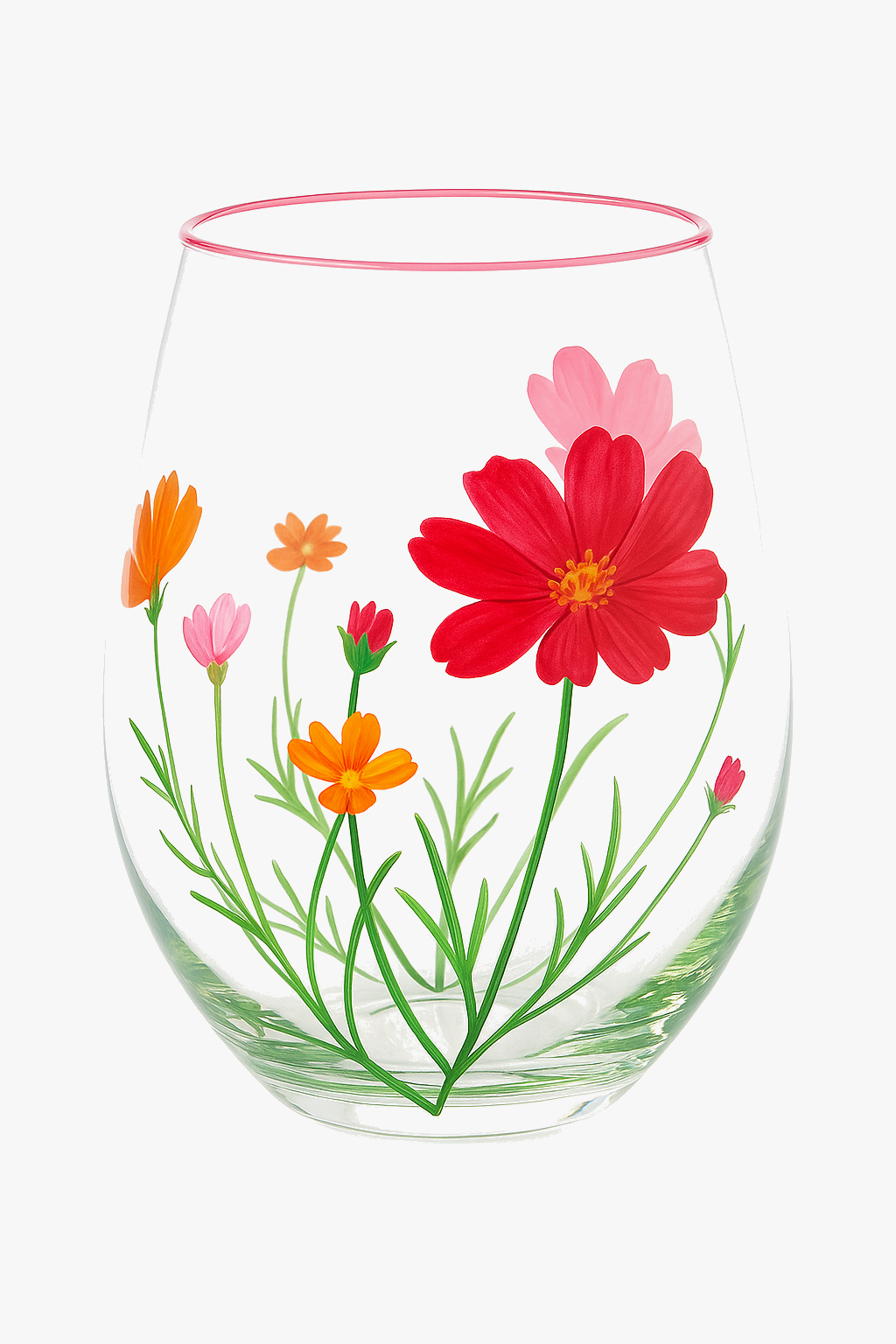 Tall Red Wine Glasses with Hand-Drawn Floral Motifs